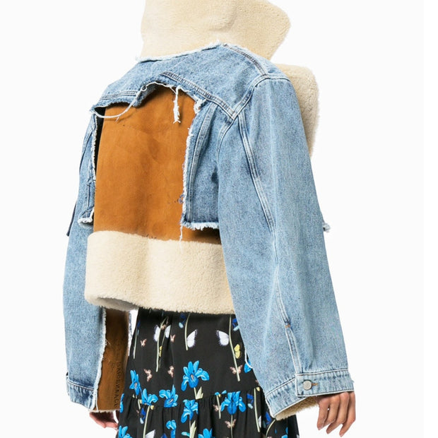 Faux Fur Collar Denim Jacket With Patches
