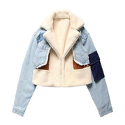 Faux Fur Collar Denim Jacket With Patches